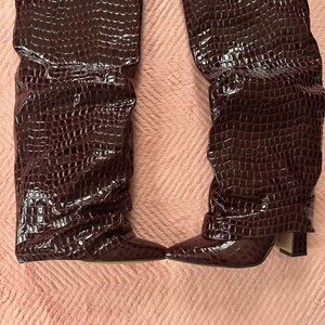 Faux Croc Patent Knee-High Boots in Deep Burgundy